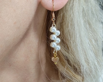 Pearl dangle earrings, Heart pearls earrings, Gold hematite earrings, Wedding pearl earrings, Mother's day earrings gift, Elegant earrings