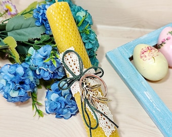 Orthodox Pascha candle with keyring, Greek Easter candle gift, Natural easter candle, Yellow beeswax candle witholive branch keychain