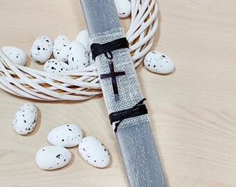 Easter aromatic grey candle with steel cross necklace, Greek Orthodox Pascha candle with jewelry gift, Greek Easter gift idea for men