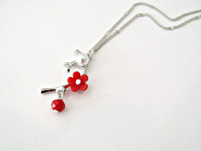 Silver branch with red flower necklace, Silver chain necklace ,Blossom necklace, Flower necklace, Red flower necklace, Valentine's day gift image 5