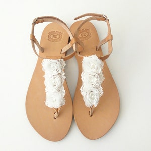 Wedding leather sandals with white flowers, Bridal sandals, White flowers shoes, Bridesmaids sandals, Beach wedding sandals, Greek sandals