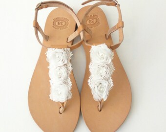 Wedding leather sandals with white flowers, Bridal sandals, White flowers shoes, Bridesmaids sandals, Beach wedding sandals, Greek sandals