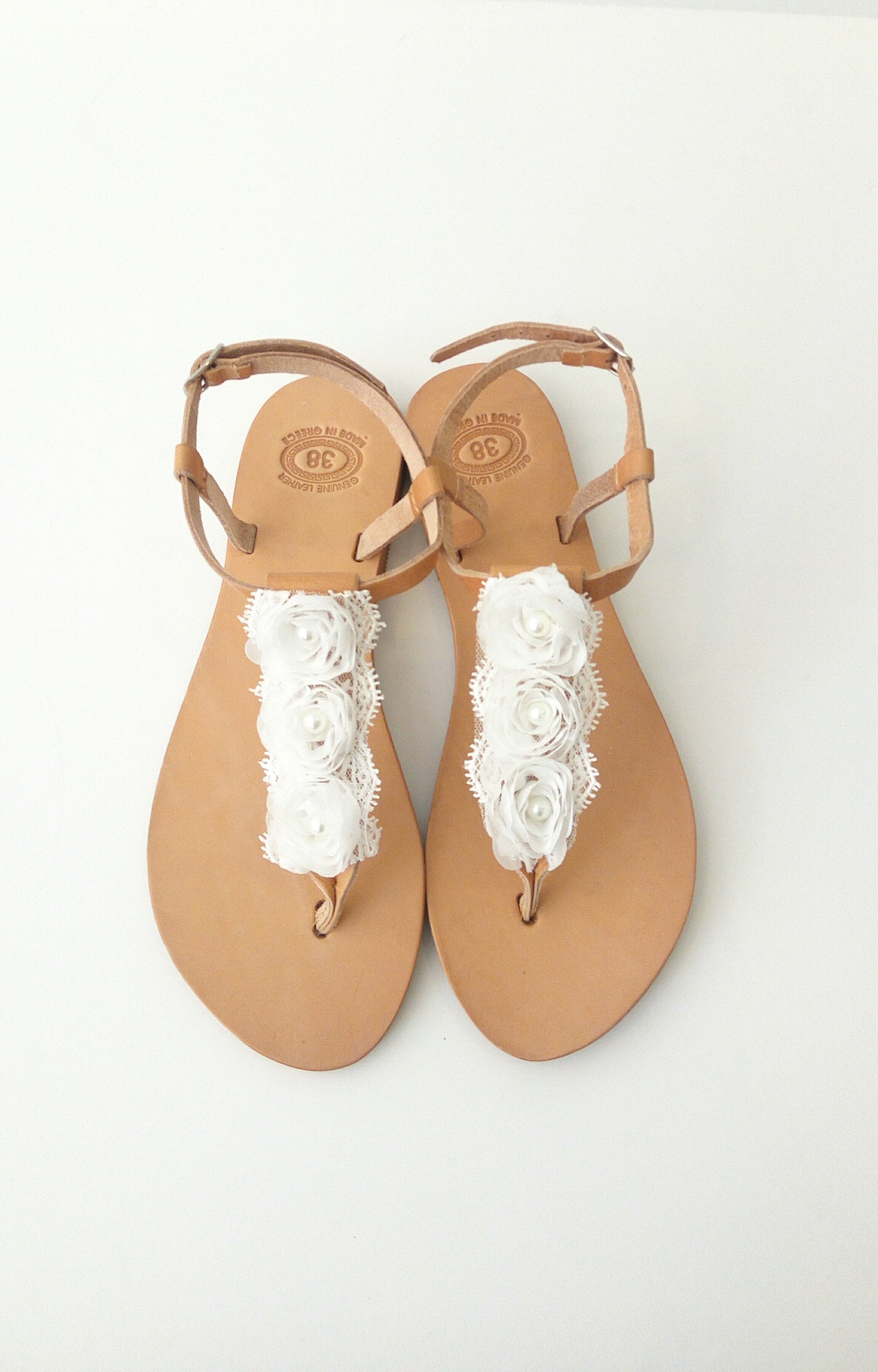 Wedding leather sandals with white flowers, Bridal sandals, White ...