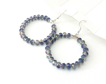 Beaded blue grey dangle hoop earrings, Handmade earrings, Dangle hoop earrings, Blue beaded hoop earrings, Everyday earrings, Gift for her