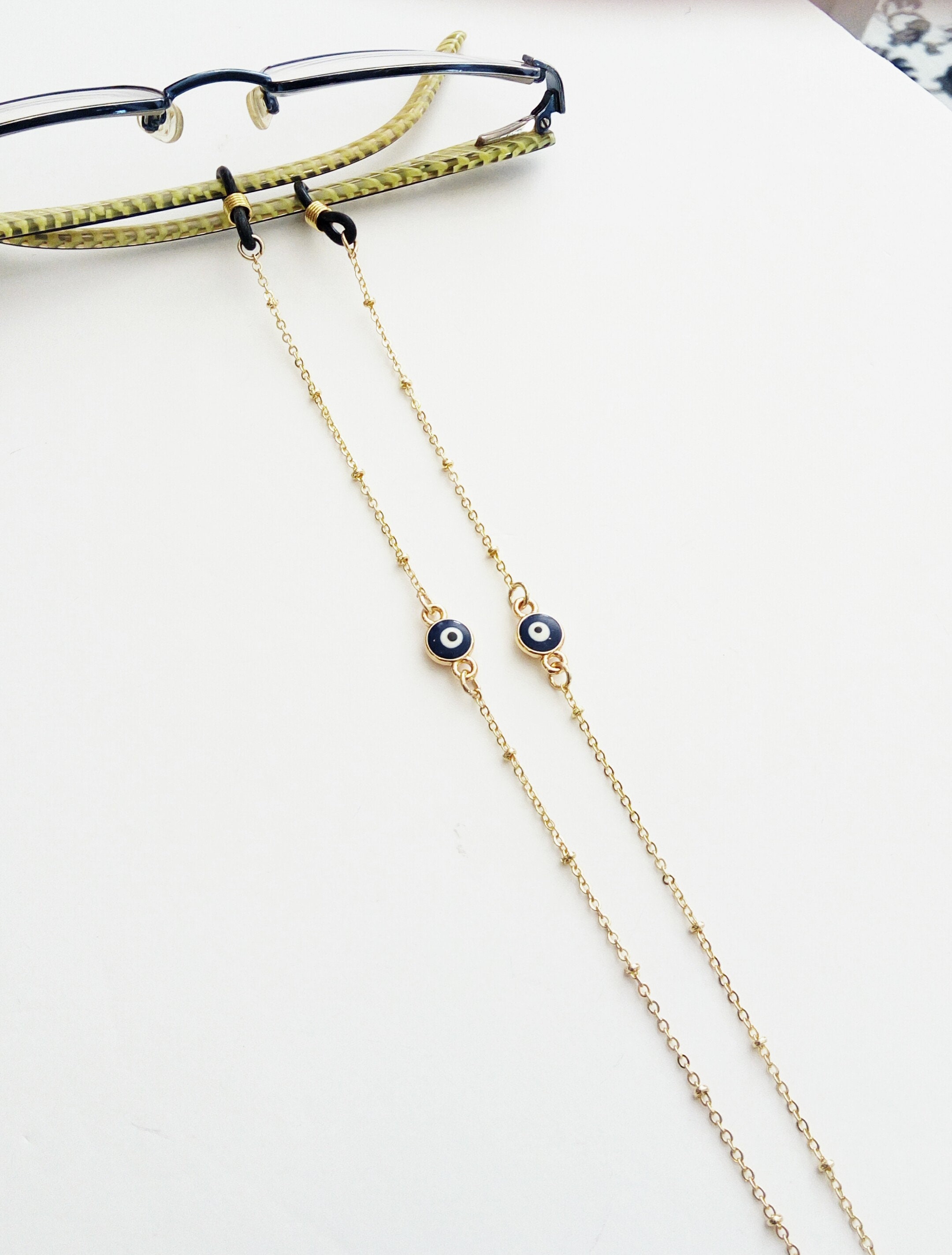 Evil eye sunglasses steel chain with balls, Gold glasses chain with