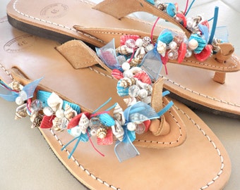 Summer leather sandals- Beaded sea shells leather sandals-Nautical sandals-Blue red  Natural sandals- Beach flats- Greek leather sandals