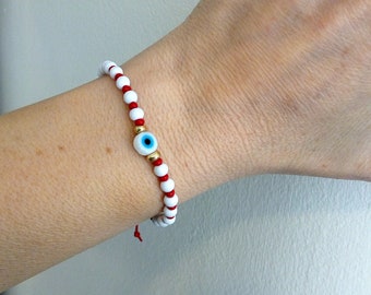 Red white beaded with evil eye bracelet, Evil eye March bracelet, Red spring adjustable bracelet, Greek Martis March protection bracelet