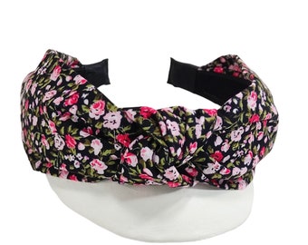 Black floral knotted headband, Handmade cotton turban, Romantic headband, Retro knot headband for woman, Floral hair band, Gift for her