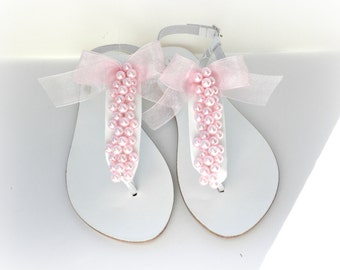 White sandals with pink pearls, Greek leather sandals, Wedding sandals, Bridal party, Bridesmaids shoes, Pearl sandals, Beach wedding