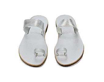 Silver leather toe ring sandals, Greek leather sandals, Beach wedding shoes, Luxury sandals Summer shoes Bridal party flats Wedding shoes