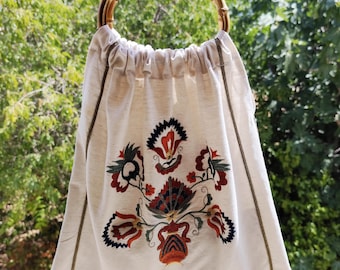 Embroidered floral doily bag, Upcycled vintage Textile Handbag, Traditional Greek style summer boho Bag