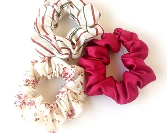 Floral scrunchies,Stripes scrunchy, Satin hot pink scrunchy, Hair accessories, Σετ λαστιχάκια για τα μαλλιά