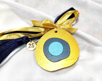 Gold wooden evil eye charm for good luck new year 2025, Home decor for holiday, New year 2025 gift, Greek gouri 2025 seasonal gift