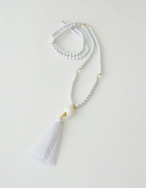 Buy White Tassel Beaded Necklace Boho White Necklace Tassel Necklace White Gold Beaded Necklace Minimalist Jewelry Gift for Her Online in India Etsy