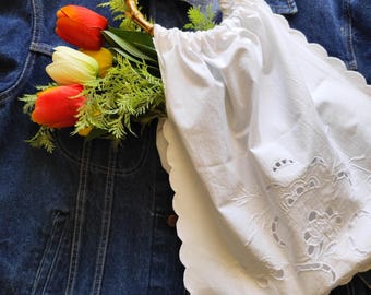 White handmade vintage Greek cotton bag from upcycled old tablecloth