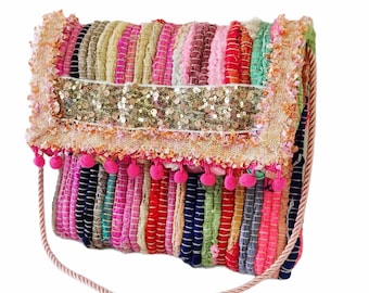 Τσάντα κουρελού με ροζ πομ πομ / Boho pink kourelοu bag