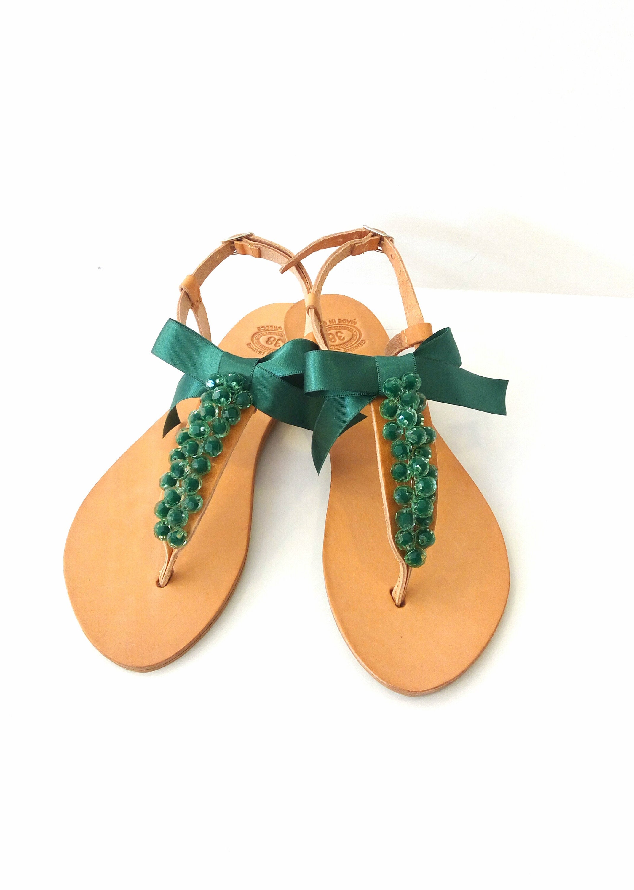 Green beaded sandals, Greek leather sandals, Wedding green sandals ...