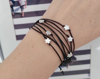 Silver flower beaded multistrand bracelet, Black silver bracelet, Friendship bracelet, Boho bracelet, Everyday floral braclet, Gift for her