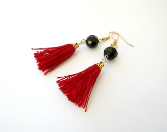 Tassel earrings, Boho earrings, Bordeaux tassel earrings, Black beads earrings, Boho earrings, Party earrings, Gift for her