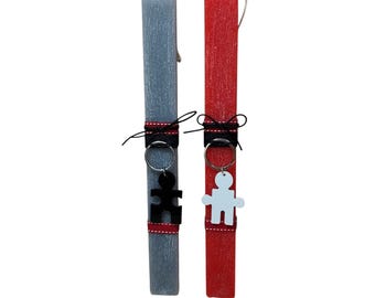 Set of 2 Greek easter grey and red candles for couples with keychain plexi puzzle, Greek Orthodox Pascha traditional scented candles