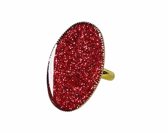 Red oval ring, Red resin glitter ring, Oval ring, Large adjustable ring, Stackable red ring, Handmade ring, Birthday gift ring
