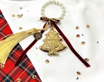 Gold Christmas tree with pearls and gold tassel, Greek handmade gouri 2025 for good luck, Gift for new year, Protection new year 2025 gift