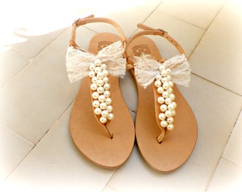 Wedding sandals- Bridal shoes -Greek sandals decorated with ivory pearls and ivory lace bow -Summer sandals- women shoes- Bridal party flats