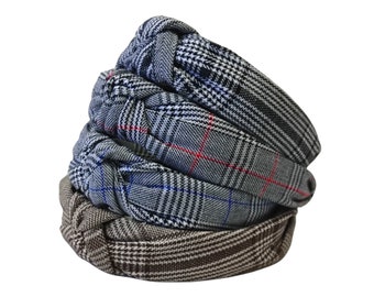 Plaid check knoted headband, Glen check turban, Grey check headband, Fashion knoted headband, Winter check knoted turban, Vintage headband