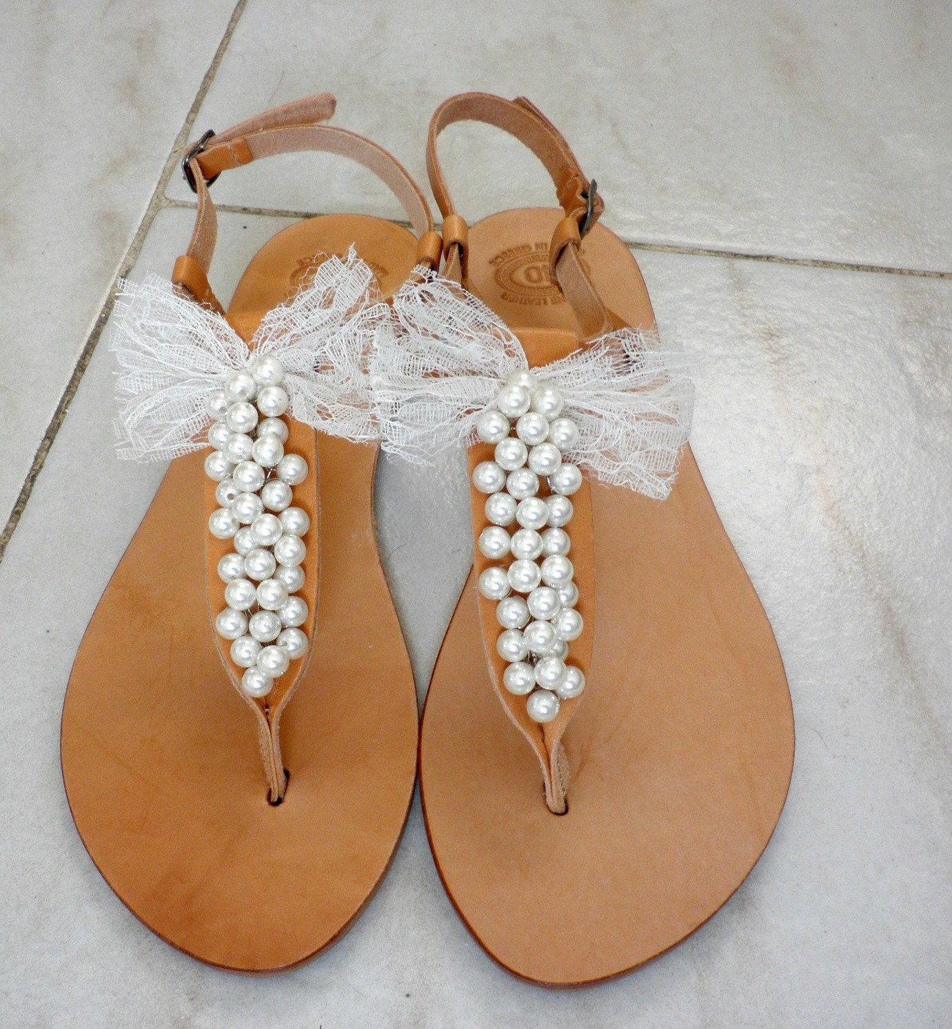 tan sandals with pearls