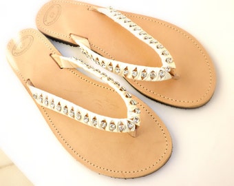 Wedding flip flops sandals- Greek leather sandals - Rhinestones crystal and satin ribbon Summer sandals- Bridal decorated leather sandals