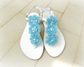 Wedding sandals -White sandals with Blue lace flowers - Something blue - Bridal party - Greek leather sandals - Beach wedding - Summer shoes