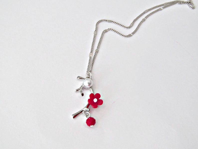 Silver branch with red flower necklace, Silver chain necklace ,Blossom necklace, Flower necklace, Red flower necklace, Valentine's day gift image 4