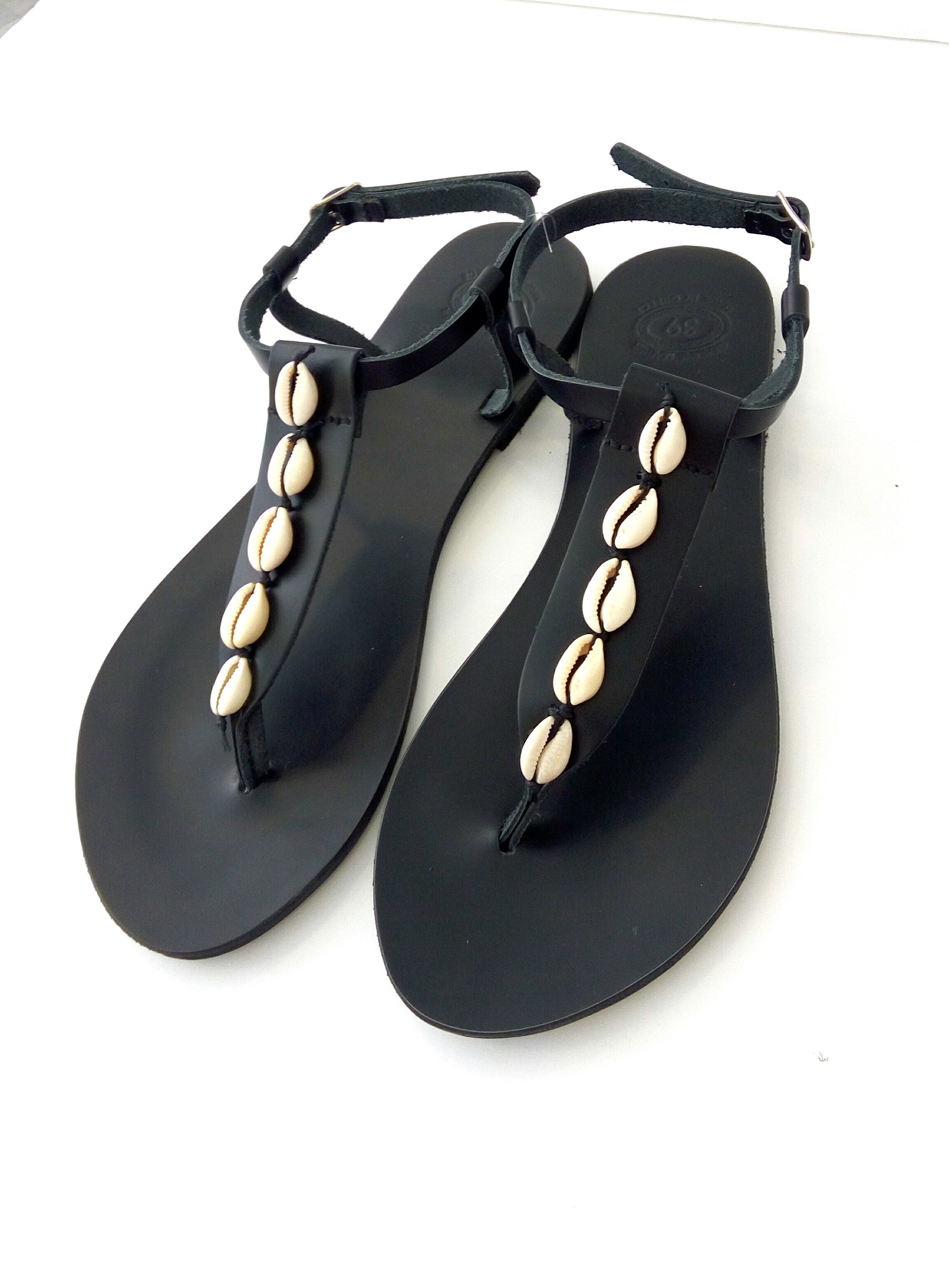 Black sandals with sea shells, Greek leather sandals, Cowrie shells ...