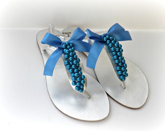 Silver Wedding sandals, Blue decorated silver sandals, Greek leather sandals, Bridesmaid flats, Leather sandals, Bridal party, Beach wear