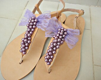 Greek leather sandals -Purple pearls sandals with bow - Wedding flats -Bridesmaids sandals- Purple pearls sandals - Decoreted sandals