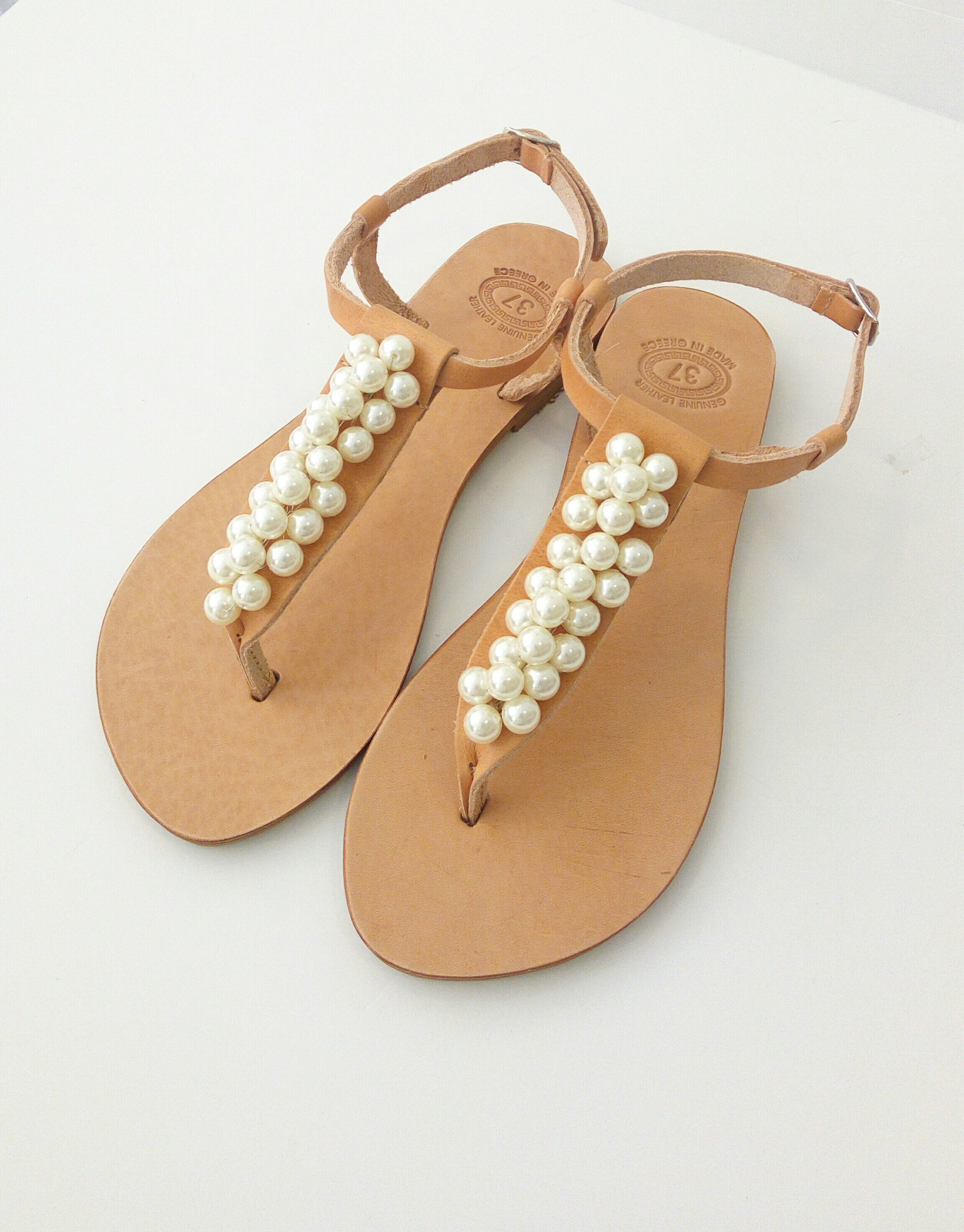 flat leather sandals with pearls