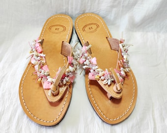 Pink Shell Pearl Sandals, Handmade Greek Leather Flip Flops, Boho Beach Sandals with Gold Charms