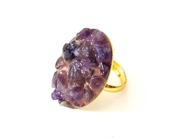 Amethyst ring - Gold amethyst  ring - Purple adjustable ring - Spring ring - Cocktail ring - Oval amethyst ring