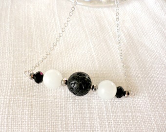 Simple modern necklace,Black white necklace,Minimalist bar necklace,Summer necklace , Black lava necklace,Chain beaded necklace