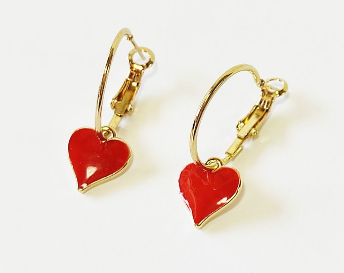 Featured listing image: Επίχρυσοι κρίκοι με κόκκινη καρδιά  /  Gold hoop earrings with red heart