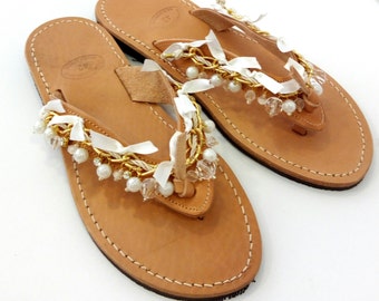 Wedding sandals- Boho chic leather flip flops- Gold chain decorated sandals- Bridal sandals - Greek leather sandals with pearls-Women flats