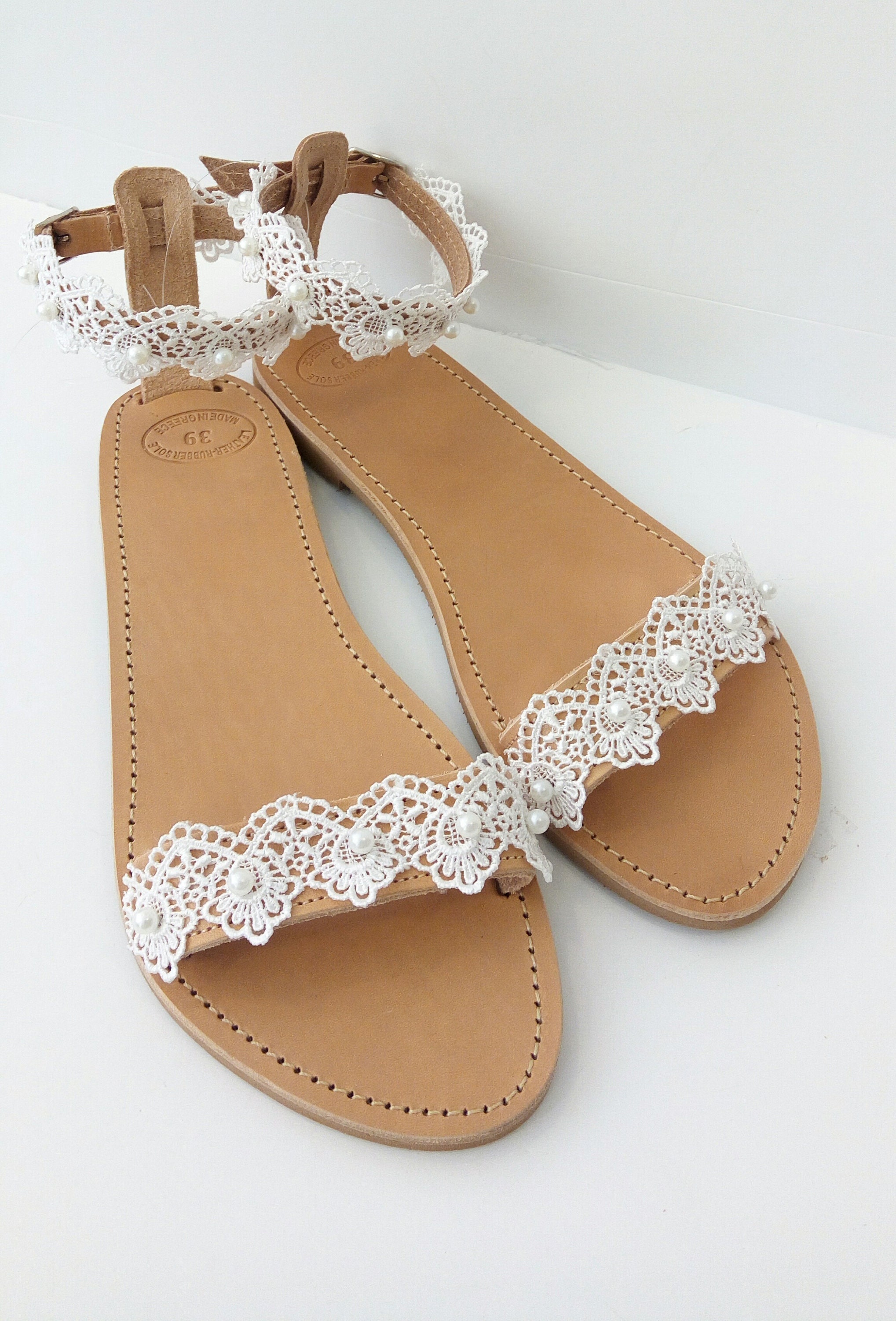 Wedding sandals, Bridal White lace sandals Greek leather sandals Beach ...