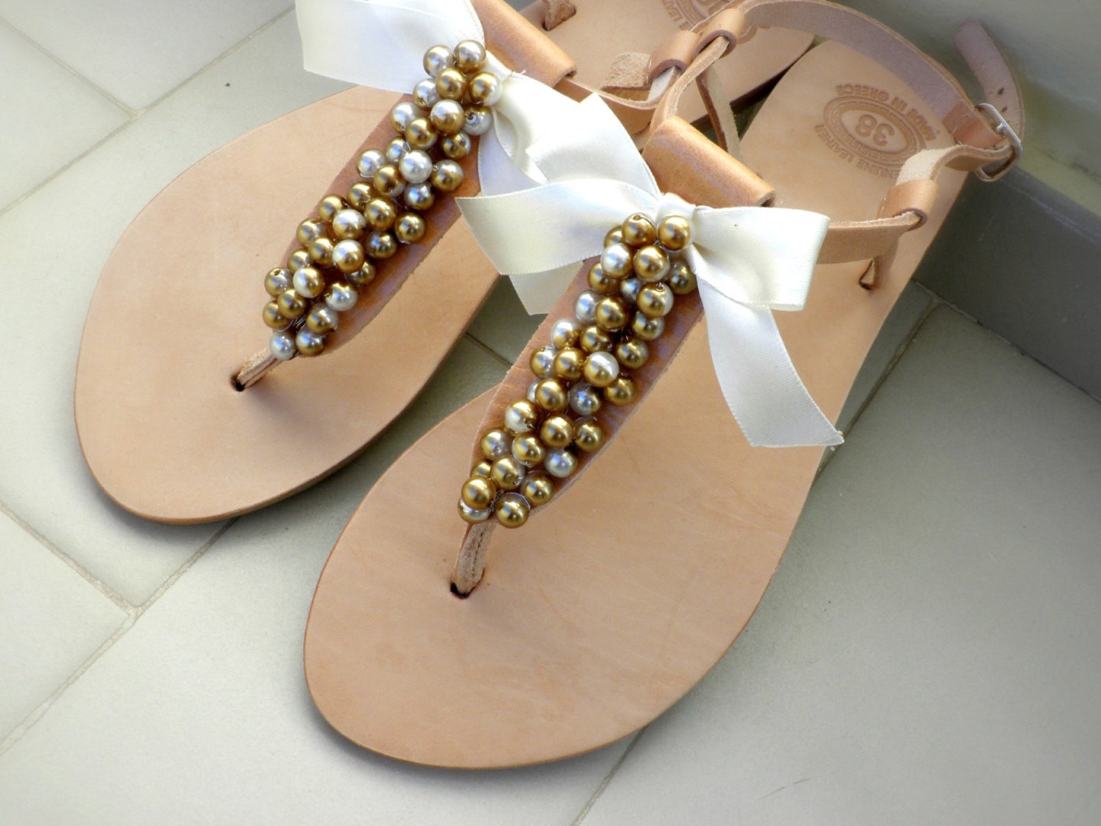 Wedding Sandals pearls Sandals Gold Pearls and Satin Bow - Etsy