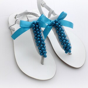 Wedding Sandals White Greek Leather Sandals With Blue Pearls - Etsy