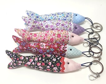 Sardine floral keychain, Sardine fabric handmade Keychain, Cotton sardine charm, Unique fish shaped accessory, Nature inspired keyring