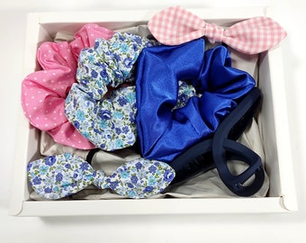 Gift Set hair accessories, Set scrunchies, Blue satin scrunchies, Blue floral scrunchies, Large hair claw  Pink scrunchies, Set gift box