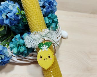 Greek Easter yellow beeswax candle with lemon keychain, Orthodox Pascha candle with unique keyring, lambada gift for girls, Natural candle