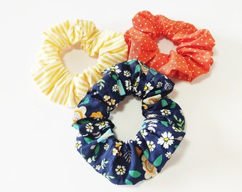 Floral blue scrunchies, Hair ties accessories, Yellow scrunchies, Handmade scrunchies, Orange polka dots scrunchies, Hair accessories