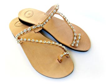 Leather sandals- Rhinestone decorated- Wedding sandals -Bridesmaids sandals -Greek leather toe ring sandals -Summer Women 's leather sandals