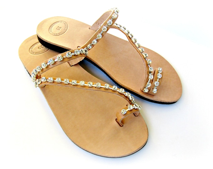 Featured listing image: Leather sandals- Rhinestone decorated- Wedding sandals -Bridesmaids sandals -Greek leather toe ring sandals -Summer Women 's leather sandals